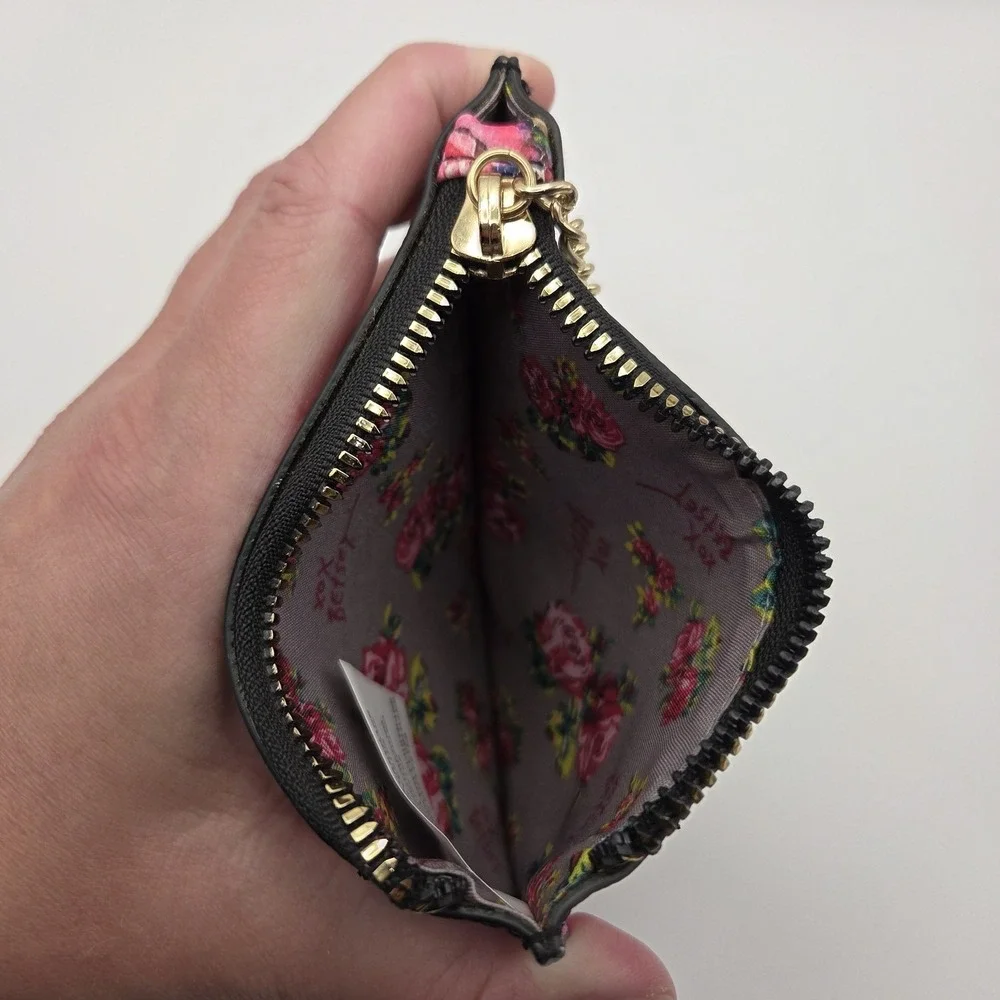 Betsey‎ Johnson Floral Card Holder Wallet Womens OS Pink Rose Gold Keychain Zip
